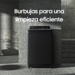 Lavadora Carga Superior negra de diseño moderno con sistema de burbujas para limpieza eficiente