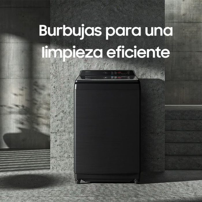 Lavadora Carga Superior negra de diseño moderno con sistema de burbujas para limpieza eficiente