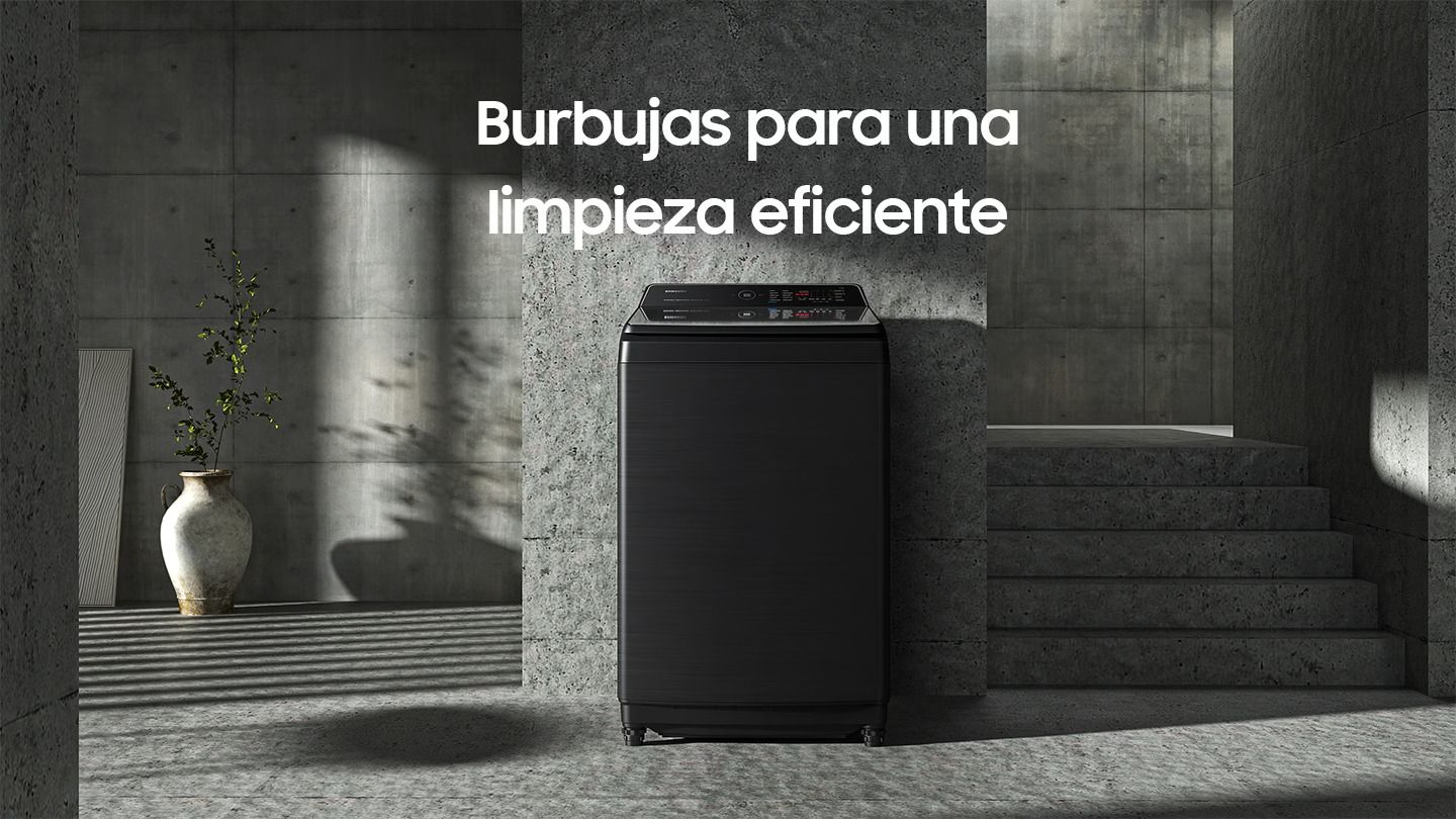 Lavadora Carga Superior negra de diseño moderno con sistema de burbujas para limpieza eficiente